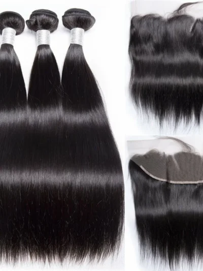 Brazilian Virgin Hair 3 Bundles With Lace Frontal- Silky Straight