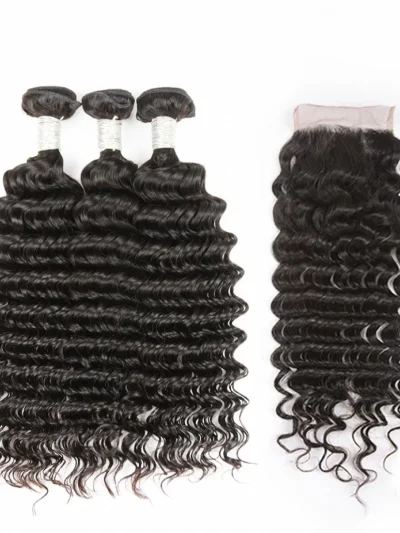 Brazilian Virgin Hair 3 Bundles With Lace Closure - Deep Wave