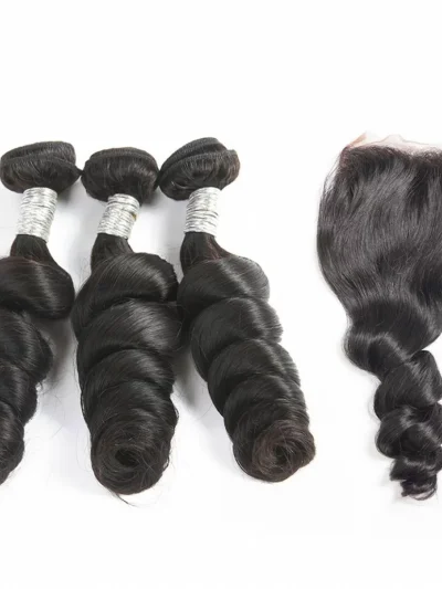 Brazilian Virgin Hair 3 Bundles With Lace Closure - Loose Wave 14''-18''