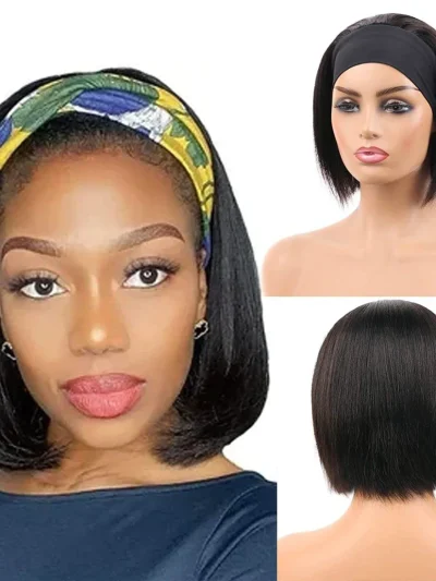 Headband Bob Wigs Human Hair Straight Short Bob Remy Hair Wigs Blunt Cut without Bangs 150 Density