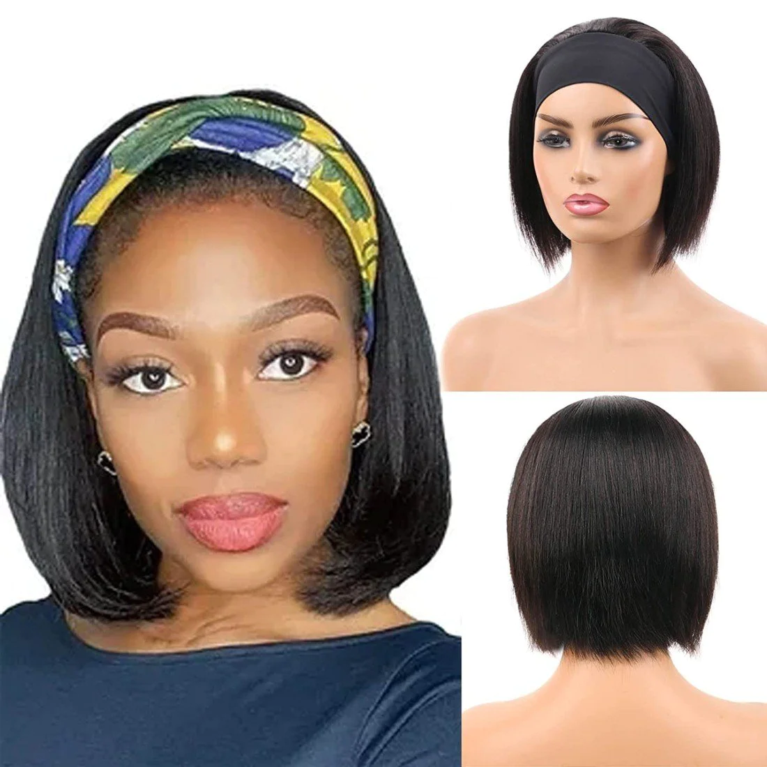 Headband Bob Wigs Human Hair Straight Short Bob Remy Hair Wigs Blunt Cut without Bangs 150 Density