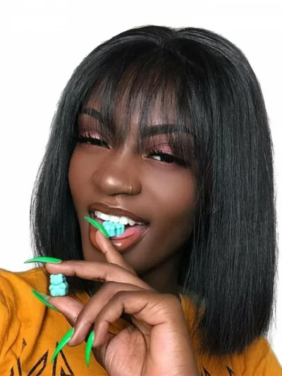 Bob Wigs with Bangs Human Hair Brazilian Remy Straiht Hair 150% Density Natural Black Color