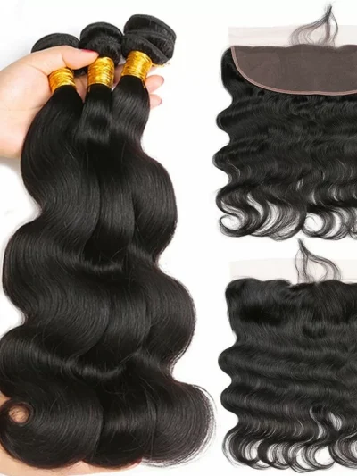 100% Remy Human Hair 3 Bundles With Lace Frontal Nature Color - Body Wave