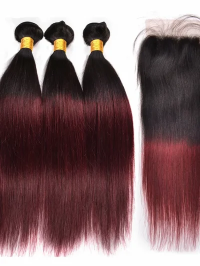 3 Bundles Brazilian Hair Weave Bundles With Closure Ombre Human Hair Bundles With Closure NonRemy Straight Hair-1b/99j