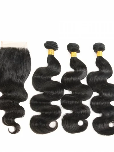 100% Remy Human Hair 3 Bundles With Closure 4x4 Lace Closure Nature Color - Body Wave