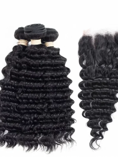 100% Remy Human Hair 3 Bundles With Closure 4x4 Lace Closure Nature Color - Deep Wave