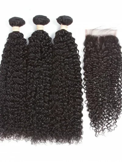 100% Remy Human Hair 3 Bundles With Closure 4x4 Lace Closure Nature Color - Kinky Curly