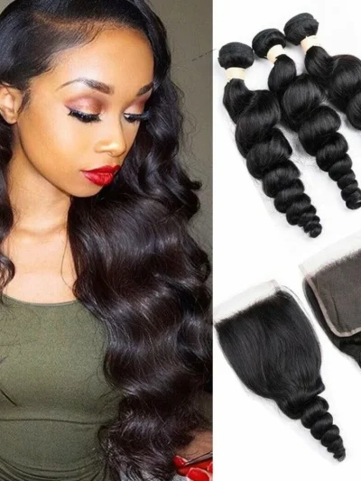 100% Remy Hair Human Hair 3 Bundles With Closure 4x4 Lace Closure Nature Color - Loose Wave