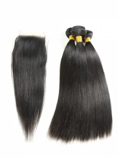 100% Remy Human Hair 3 Bundles With Closure 4x4 Lace Closure Nature Color - Silky Straight