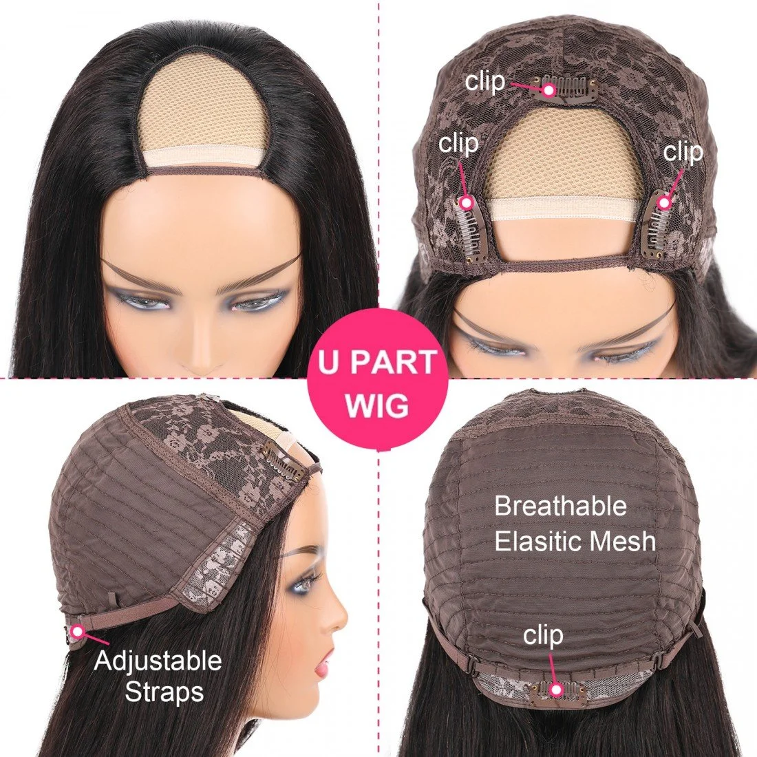U Part Wigs Human Hair Wigs for Black Women Brazilian Straight Remy Hair Wigs Glueless Natural Color U-part wigs Hair Extension Clip in - Image 2