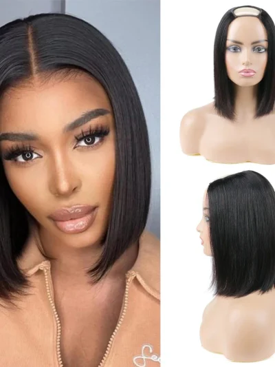 U Part Bob Wigs Human Hair For Women Remy Hair Clip in Short Straight Glueless Wig