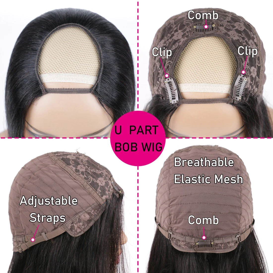 U Part Bob Wigs Human Hair For Women Remy Hair Clip in Short Straight Glueless Wig - Image 4