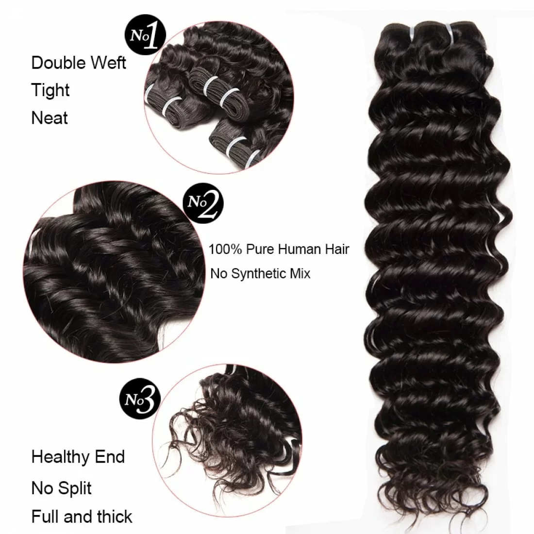 Brazilian Virgin Hair Deep Wave 100% Human Hair 3 Bundles With Frontal Natural Color 14''-22'' - Image 2