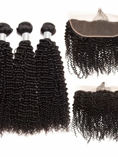 Brazilian Virgin Hair Kinky Curl 100% Human Hair 3 Bundles With Frontal Natural Color