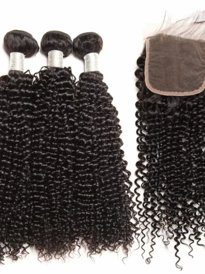 Brazilian Virgin Hair 3 Bundles With Lace Closure - Kinky Curl 14''-18''