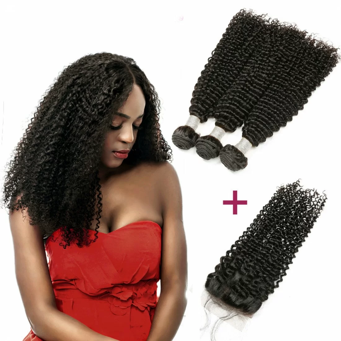 Brazilian Virgin Hair 3 Bundles With Lace Closure - Kinky Curl 14''-18'' - Image 3