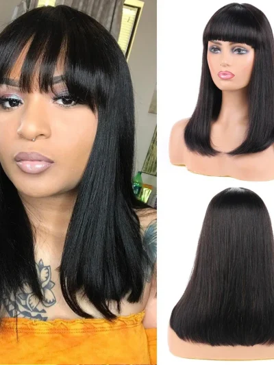 Bob Wigs with Bangs Brazilian Virgin Straight Human Hair Wig 130% Density Glueless Machine Made Wigs for Women Natural Color