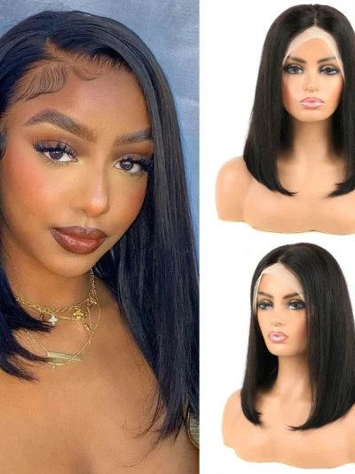 13x4 Lace Front Bob Wigs Human Hair Straight 150% Density HD Transparent Lace Frontal Wig Free Part Short Bob Wig Natural Black
