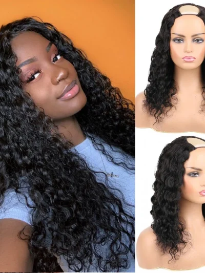 U Part Wig Human Hair Water Wave Wig for Black Women 150 Density Brazilian Remy Hair with Clips Glueless Half Wig Breathable